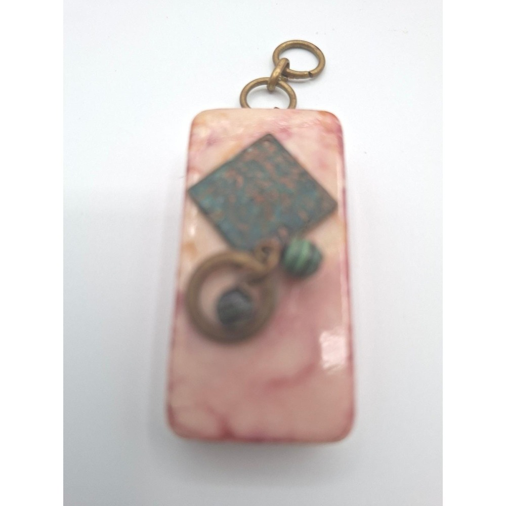 Vintage Pink Marbled Domino Pendant Mixed Media Boho Statement Charm Handcrafted